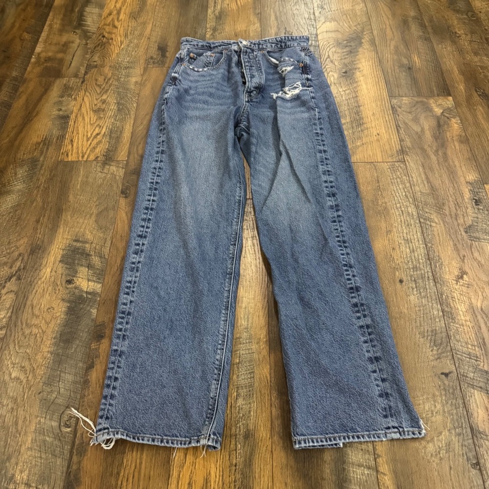 American Eagle High Waisted Wide Leg Distressed Jeans Blue Size 6 Short Grunge